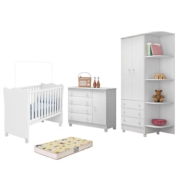 Dormitório Doce Sonho 2 Portas, Cômoda 1 Porta, Berço Branco com Rodízio e Colchão D18 - Qmovi Dormitório Doce Sonho 2 Portas, Cômoda 1 Porta, Berço Branco com Rodízio e Colchão D18 - Qmovi