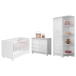 Dormitório Doce Sonho 2 Portas, Cômoda 1 Porta e Berço Mini Cama Branco com Rodízio - Qmovi Dormitório Doce Sonho 2 Portas, Cômoda 1 Porta e Berço Mini Cama Branco com Rodízio - Qmovi
