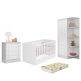 Dormitório Doce Sonho 2 Portas, Cômoda 4 Gavetas, Berço Mini Cama Branco e Colchão - Qmovi  Dormitório Doce Sonho 2 Portas, Cômoda 4 Gavetas, Berço Mini Cama Branco e Colchão - Qmovi