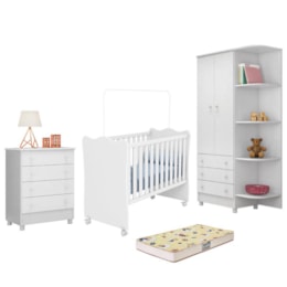 Dormitório Doce Sonho 2 Portas, Cômoda 4 Gavetas e Berço Branco com Rodízio e Colchão D18 - Qmovi Dormitório Doce Sonho 2 Portas, Cômoda 4 Gavetas e Berço Branco com Rodízio e Colchão D18 - Qmovi