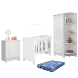 Dormitório Doce Sonho 2 Portas, Cômoda 4 Gavetas e Berço Branco com Rodízio e Colchão - Qmovi Dormitório Doce Sonho 2 Portas, Cômoda 4 Gavetas e Berço Branco com Rodízio e Colchão - Qmovi