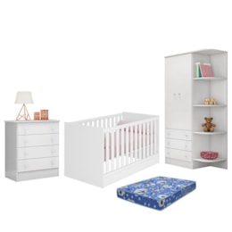 Dormitório Doce Sonho 2 Portas, Cômoda 4 Gavetas e Berço Mini Cama Branco com Colchão - Qmovi  Dormitório Doce Sonho 2 Portas, Cômoda 4 Gavetas e Berço Mini Cama Branco com Colchão - Qmovi