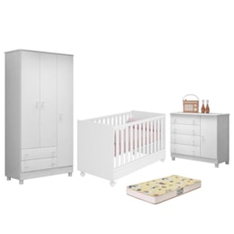 Dormitório Doce Sonho 3 Portas, Cômoda 1 Porta, Berço Mini Cama Branco com Rodízio e Colchão D18 - Qmovi 