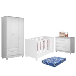 Dormitório Doce Sonho 3 Portas, Cômoda 1 Porta, Berço Mini Cama Branco com Rodízio e Colchão - Qmovi