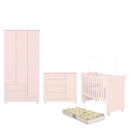 Dormitório Doce Sonho 3 Portas, Cômoda 1 Porta, Berço Rosa Acetinado com Rodízio e Colchão D18 - Qmovi Dormitório Doce Sonho 3 Portas, Cômoda 1 Porta, Berço Rosa Acetinado com Rodízio e Colchão D18 - Qmovi
