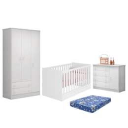 Dormitório Doce Sonho 3 Portas, Cômoda 1 Porta e Berço Mini Cama Branco com Colchão - Qmovi  Dormitório Doce Sonho 3 Portas, Cômoda 1 Porta e Berço Mini Cama Branco com Colchão - Qmovi