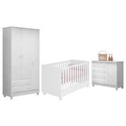 Dormitório Doce Sonho 3 Portas, Cômoda 1 Porta e Berço Mini Cama Branco com Rodízio - Qmovi  Dormitório Doce Sonho 3 Portas, Cômoda 1 Porta e Berço Mini Cama Branco com Rodízio - Qmovi
