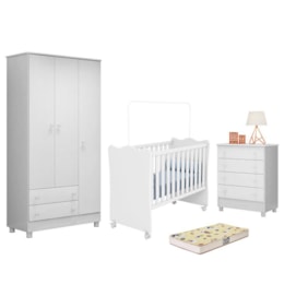Dormitório Doce Sonho 3 Portas, Cômoda 4 Gavetas, Berço Branco com Rodízio e Colchão D18 - Qmovi Dormitório Doce Sonho 3 Portas, Cômoda 4 Gavetas, Berço Branco com Rodízio e Colchão D18 - Qmovi
