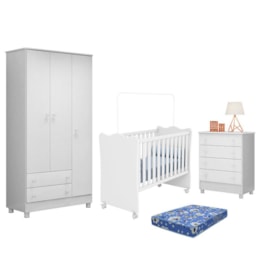 Dormitório Doce Sonho 3 Portas, Cômoda 4 Gavetas, Berço Branco com Rodízio e Colchão - Qmovi Dormitório Doce Sonho 3 Portas, Cômoda 4 Gavetas, Berço Branco com Rodízio e Colchão - Qmovi