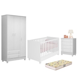 Dormitório Doce Sonho 3 Portas, Cômoda 4 Gavetas, Berço Mini Cama Branco com Rodízio e Colchão D18 - Qmovi Dormitório Doce Sonho 3 Portas, Cômoda 4 Gavetas, Berço Mini Cama Branco com Rodízio e Colchão D18 - Qmovi