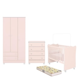 Dormitório Doce Sonho 3 Portas, Cômoda 4 Gavetas, Berço Rosa Acetinado com Rodízio e Colchão D18 - Qmovi Dormitório Doce Sonho 3 Portas, Cômoda 4 Gavetas, Berço Rosa Acetinado com Rodízio e Colchão D18 - Qmovi