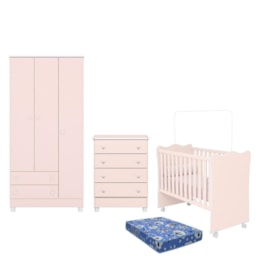 Dormitório Doce Sonho 3 Portas, Cômoda 4 Gavetas, Berço Rosa Acetinado com Rodízio e Colchão - Qmovi Dormitório Doce Sonho 3 Portas, Cômoda 4 Gavetas, Berço Rosa Acetinado com Rodízio e Colchão - Qmovi