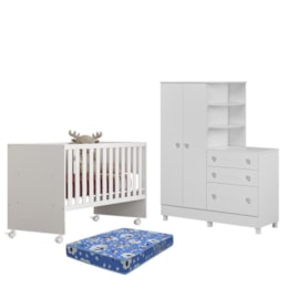 Dormitório Doce Sonho Guarda Roupa com Cômoda com Pés, Berço Reto Branco e Colchão Physical - Qmovi   Dormitório Doce Sonho Guarda Roupa com Cômoda com Pés, Berço Reto Branco e Colchão Physical - Qmovi