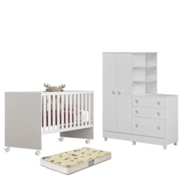 Dormitório Doce Sonho Guarda Roupa com Cômoda com Pés, Berço Reto Branco e Colchão Supreme - Qmovi   Dormitório Doce Sonho Guarda Roupa com Cômoda com Pés, Berço Reto Branco e Colchão Supreme - Qmovi