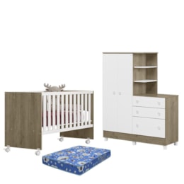 Dormitório Doce Sonho Guarda Roupa com Cômoda com Pés, Berço Reto Carvalho/Branco e Colchão Physical - Qmovi   Dormitório Doce Sonho Guarda Roupa com Cômoda com Pés, Berço Reto Carvalho/Branco e Colchão Physical - Qmovi