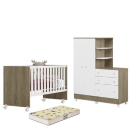 Dormitório Doce Sonho Guarda Roupa com Cômoda com Pés, Berço Reto Carvalho/Branco e Colchão Supreme - Qmovi   Dormitório Doce Sonho Guarda Roupa com Cômoda com Pés, Berço Reto Carvalho/Branco e Colchão Supreme - Qmovi