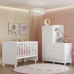 Dormitório Doce Sonho Guarda Roupa com Cômoda com Pés e Berço Reto Branco - Qmovi   Dormitório Doce Sonho Guarda Roupa com Cômoda com Pés e Berço Reto Branco - Qmovi
