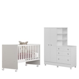 Dormitório Doce Sonho Guarda Roupa com Cômoda com Pés e Berço Reto Branco - Qmovi   Dormitório Doce Sonho Guarda Roupa com Cômoda com Pés e Berço Reto Branco - Qmovi