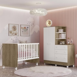 Dormitório Doce Sonho Guarda Roupa com Cômoda com Pés e Berço Reto Carvalho/Branco - Qmovi   Dormitório Doce Sonho Guarda Roupa com Cômoda com Pés e Berço Reto Carvalho/Branco - Qmovi