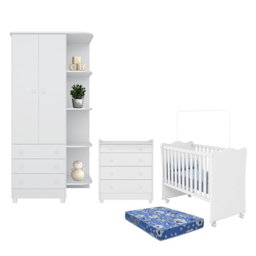 Dormitório Doce Sonho Guarda Roupa, Cômoda Trocador, Berço Branco com Rodízio e Colchão Baby Physical - Qmovi