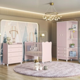 Dormitório Doce Sonho Guarda Roupa, Cômoda Trocador, Berço Rosa Acetinado com Rodízio e Colchão Baby Physical - Qmovi