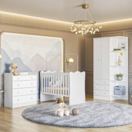 Dormitório Doce Sonho Guarda Roupa, Cômoda Trocador e Berço Branco com Colchão Baby Physical - Qmovi