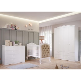 Dormitório Encanto Guarda Roupa, Cômoda e Berço Harmonia Branco com Capitonê e Colchão Supreme - Permóbili Baby Dormitório Encanto Guarda Roupa, Cômoda e Berço Harmonia Branco com Capitonê e Colchão Supreme - Permóbili Baby