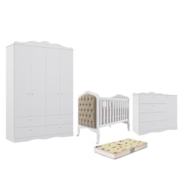 Dormitório Encanto Guarda Roupa, Cômoda e Berço Harmonia Branco com Capitonê e Colchão Supreme - Permóbili Baby Dormitório Encanto Guarda Roupa, Cômoda e Berço Harmonia Branco com Capitonê e Colchão Supreme - Permóbili Baby