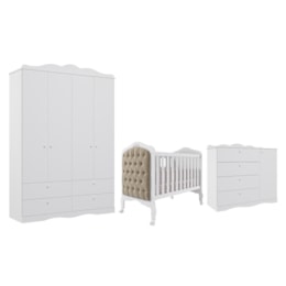 Dormitório Encanto Guarda Roupa, Cômoda e Berço Harmonia Branco com Capitonê - Permóbili Baby Dormitório Encanto Guarda Roupa, Cômoda e Berço Harmonia Branco com Capitonê - Permóbili Baby