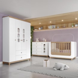 Dormitório Infantil Aconchego Guarda Roupa, Cômoda e Berço Branco/Jequitibá - Móveis Henn