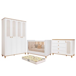 Dormitório Infantil Alfajor Guarda Roupa, Cômoda 1 Porta e Berço Branco Acetinado/Nature com Colchão Supreme - Permóbili Baby