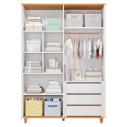 Dormitório Infantil Alfajor Guarda Roupa, Cômoda 1 Porta e Berço Branco Acetinado/Nature com Colchão Physical - Permóbili Baby