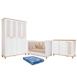 Dormitório Infantil Alfajor Guarda Roupa, Cômoda 1 Porta e Berço Branco Acetinado/Nature com Colchão Physical - Permóbili Baby