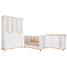 Dormitório Infantil Alfajor Guarda Roupa, Cômoda 1 Porta e Berço Branco Acetinado/Nature - Permóbili Baby