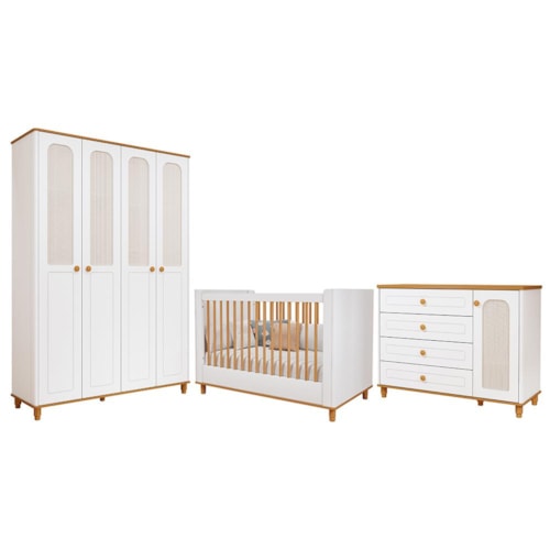 Dormitório Infantil Alfajor Guarda Roupa, Cômoda 1 Porta e Berço Branco Acetinado/Nature - Permóbili Baby