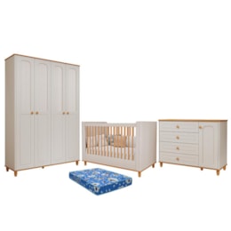 Dormitório Infantil Alfajor Guarda Roupa, Cômoda 1 Porta e Berço Off White/Nature com Colchão Physical - Permóbili Baby