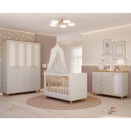 Dormitório Infantil Alfajor Guarda Roupa, Cômoda 1 Porta e Berço Off White/Nature com Colchão Supreme - Permóbili Baby