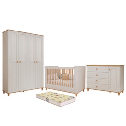 Dormitório Infantil Alfajor Guarda Roupa, Cômoda 1 Porta e Berço Off White/Nature com Colchão Supreme - Permóbili Baby