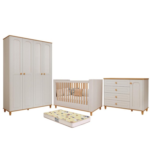 Dormitório Infantil Alfajor Guarda Roupa, Cômoda 1 Porta e Berço Off White/Nature com Colchão Supreme - Permóbili Baby
