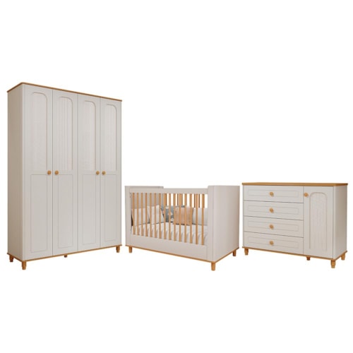 Dormitório Infantil Alfajor Guarda Roupa, Cômoda 1 Porta e Berço Off White/Nature - Permóbili Baby