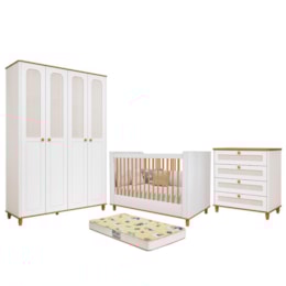 Dormitório Infantil Alfajor Guarda Roupa, Cômoda 4 Gavetas e Berço Branco Acetinado/Nature com Colchão Supreme - Permóbili Baby