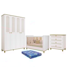 Dormitório Infantil Alfajor Guarda Roupa, Cômoda 4 Gavetas e Berço Branco Acetinado/Nature com Colchão Physical - Permóbili Baby