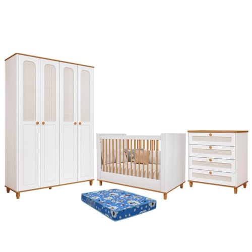 Dormitório Infantil Alfajor Guarda Roupa, Cômoda 4 Gavetas e Berço Branco Acetinado/Nature com Colchão Physical - Permóbili Baby