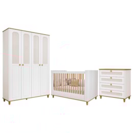 Dormitório Infantil Alfajor Guarda Roupa, Cômoda 4 Gavetas e Berço Branco Acetinado/Nature - Permóbili Baby Dormitório Infantil Alfajor Guarda Roupa, Cômoda 4 Gavetas e Berço Branco Acetinado/Nature - Permóbili Baby