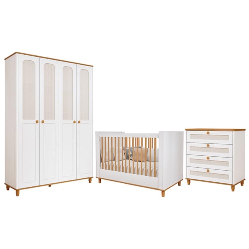 Dormitório Infantil Alfajor Guarda Roupa, Cômoda 4 Gavetas e Berço Branco Acetinado/Nature - Permóbili Baby