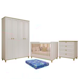 Dormitório Infantil Alfajor Guarda Roupa, Cômoda 4 Gavetas e Berço Off White/Nature com Colchão Physical - Permóbili Baby