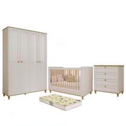 Dormitório Infantil Alfajor Guarda Roupa, Cômoda 4 Gavetas e Berço Off White/Nature com Colchão Supreme - Permóbili Baby