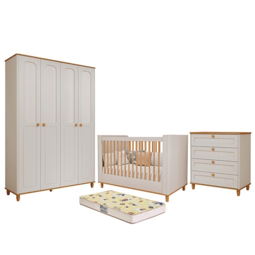 Dormitório Infantil Alfajor Guarda Roupa, Cômoda 4 Gavetas e Berço Off White/Nature com Colchão Supreme - Permóbili Baby