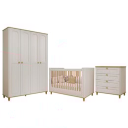 Dormitório Infantil Alfajor Guarda Roupa, Cômoda 4 Gavetas e Berço Off White/Nature - Permóbili Baby