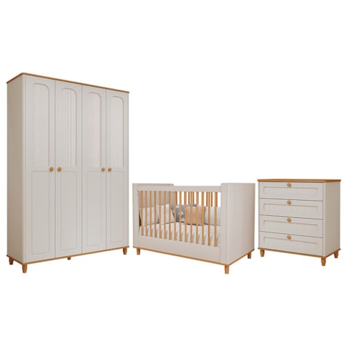 Dormitório Infantil Alfajor Guarda Roupa, Cômoda 4 Gavetas e Berço Off White/Nature - Permóbili Baby